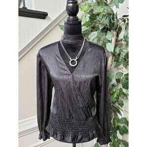 New York & Co Top Blouse Womens L Black Jacquard Print Long Sleeve Smocked Hem